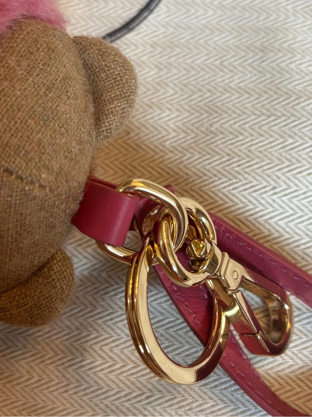 MaxMara Brown Bear Bag Charm with Pink Wool Fur Coat and Gold Hardware